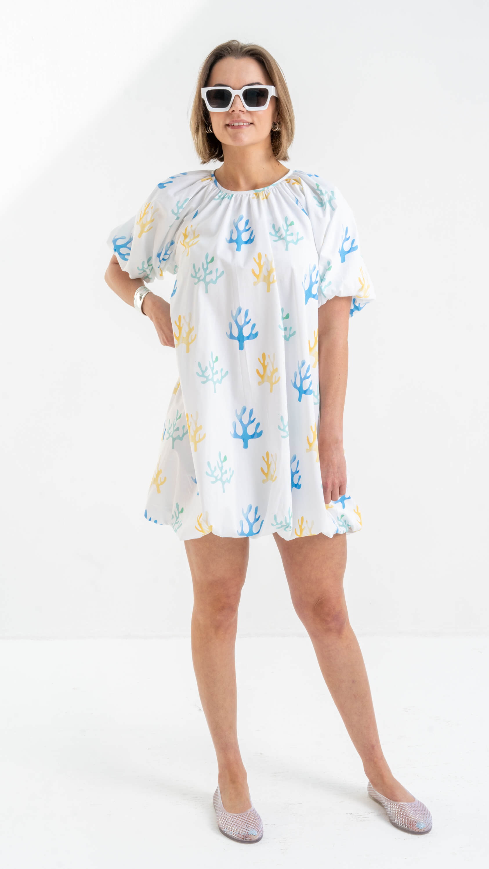 balloon cut dress Broadway Balloon Sleeve Cut-Out Feature Dress Petal Print Mocha