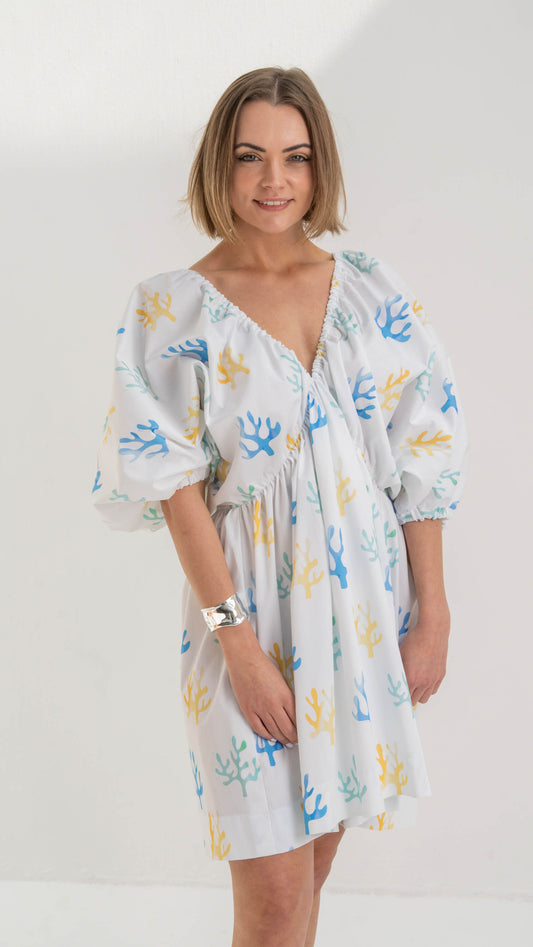 Coral Garden V Dress with Balloon Sleeves