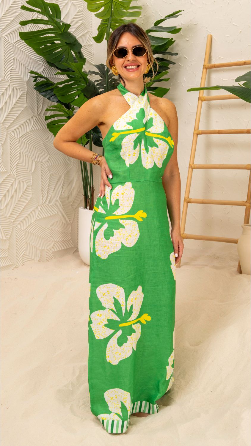 Green Hibiscus Halter Dress