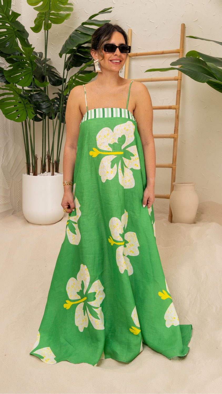 Green Hibiscus Flowy Dress